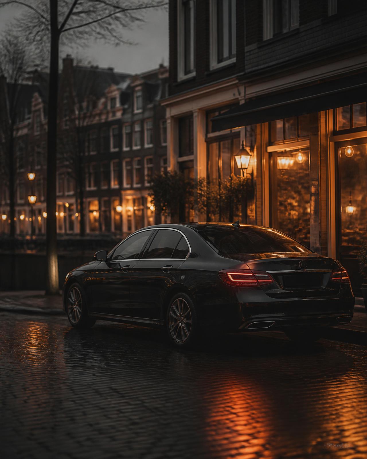 Black rideshare vehicle outside a restaurant in the Amsterdam canal district at dusk